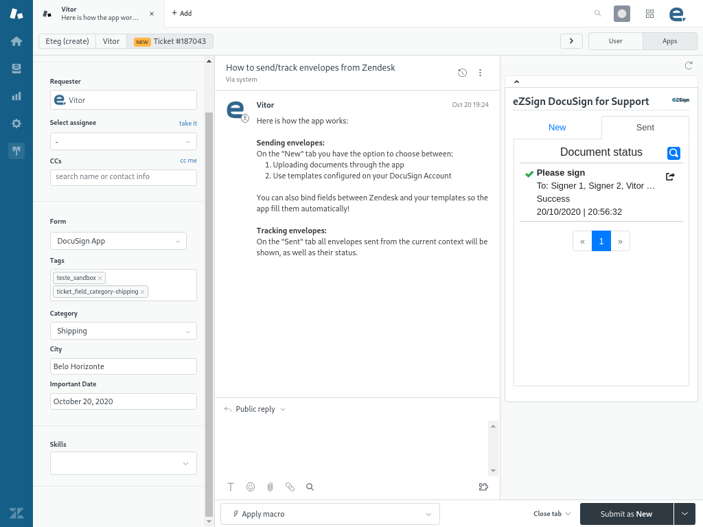 eZSign DocuSign for Support App Integration with Zendesk Support